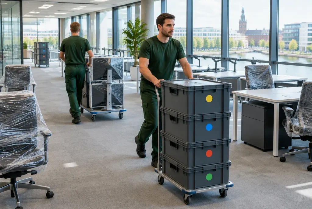 Verhuizers rijden verhuiskratten en ingepakte beeldschermen door een kantoor