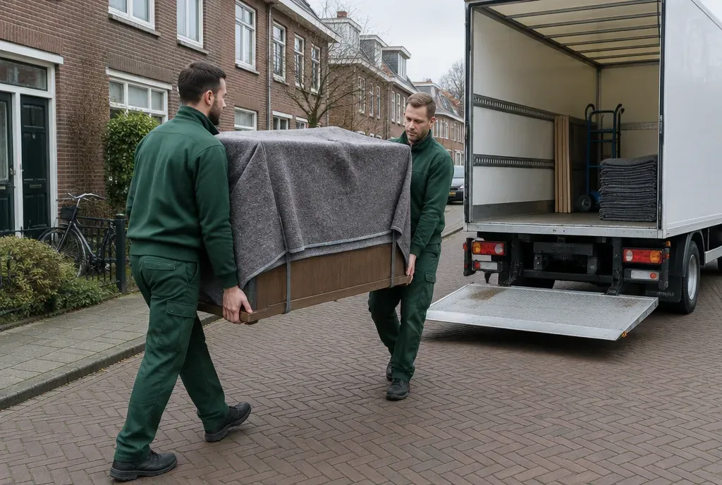 Twee verhuizers dragen een kast in verhuisdekens naar een verhuiswagen in een Nederlandse straat
