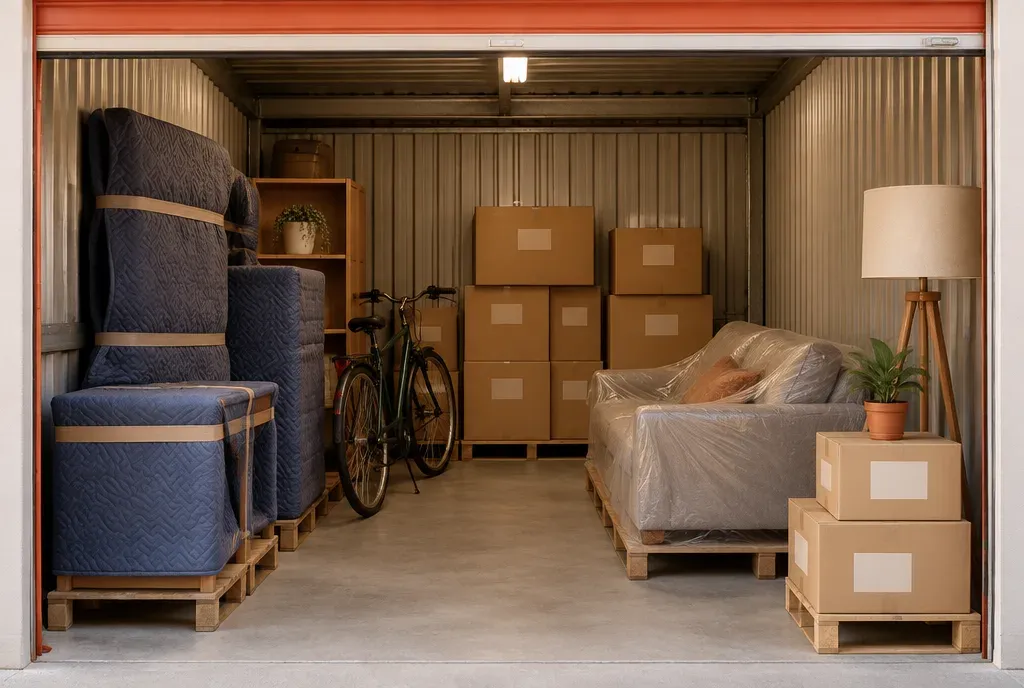 Opslagruimte met ingepakte meubels, een bank onder plastic en verhuisdozen op pallets