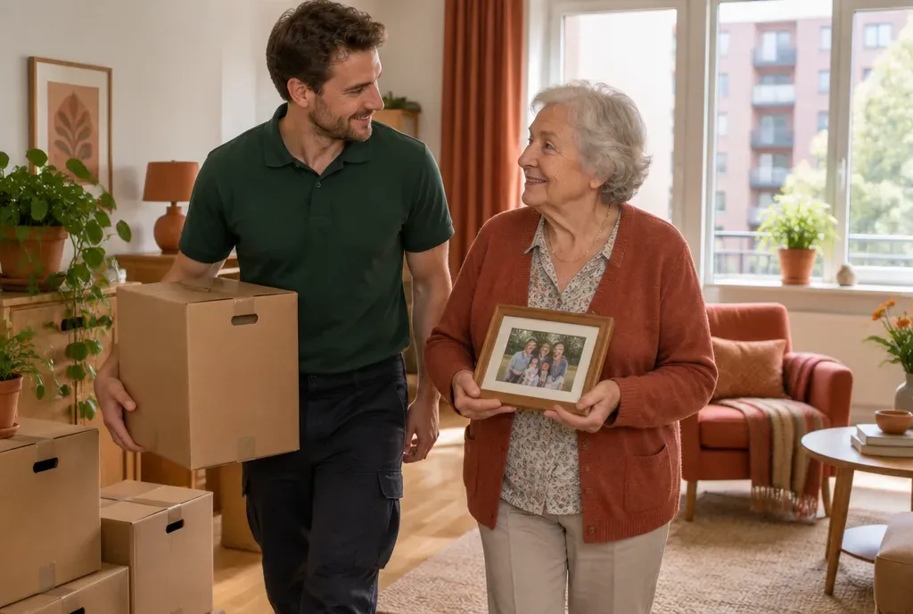Verhuizer helpt een oudere vrouw met een ingelijste foto in haar nieuwe appartement