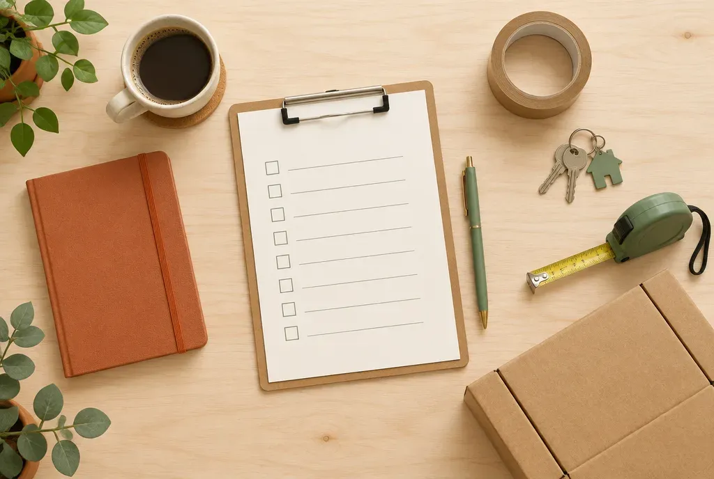 Klembord met een lege checklist, huissleutels, tape en een rolmaat op tafel