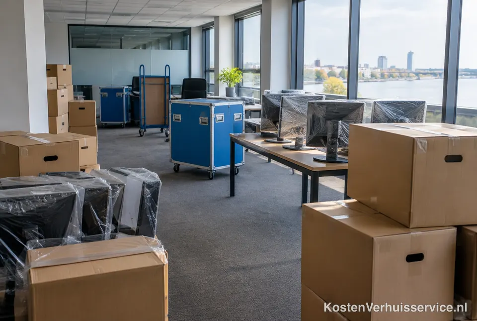Kantoor met verhuisdozen tijdens een bedrijfsverhuizing