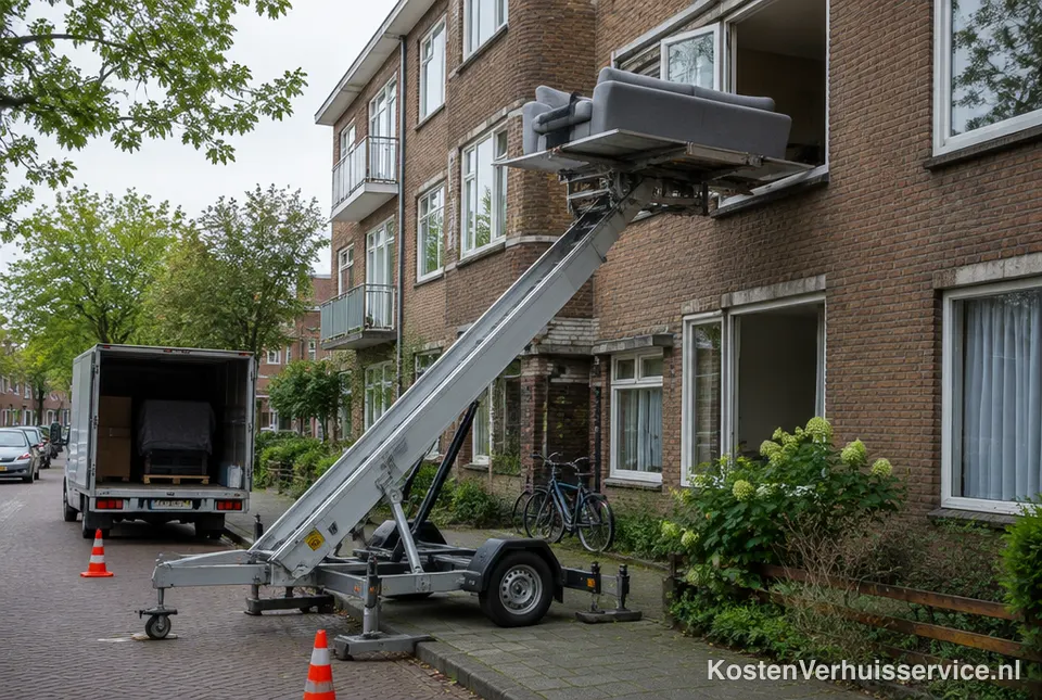 Verhuislift tegen een appartementengebouw